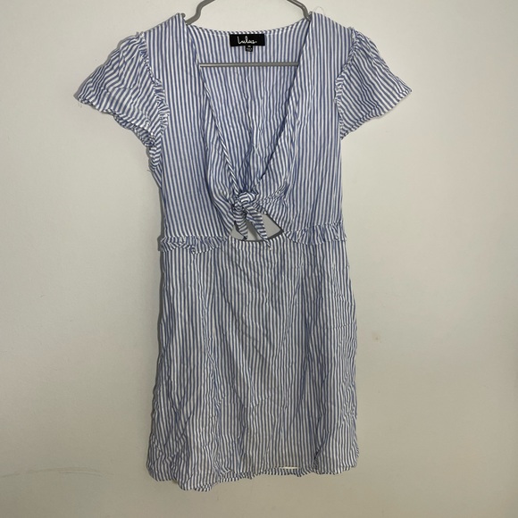 LULUS BLUE WHITE V-Neck Floral Skater Dress Mini Sleeveless - Picture 2 of 8